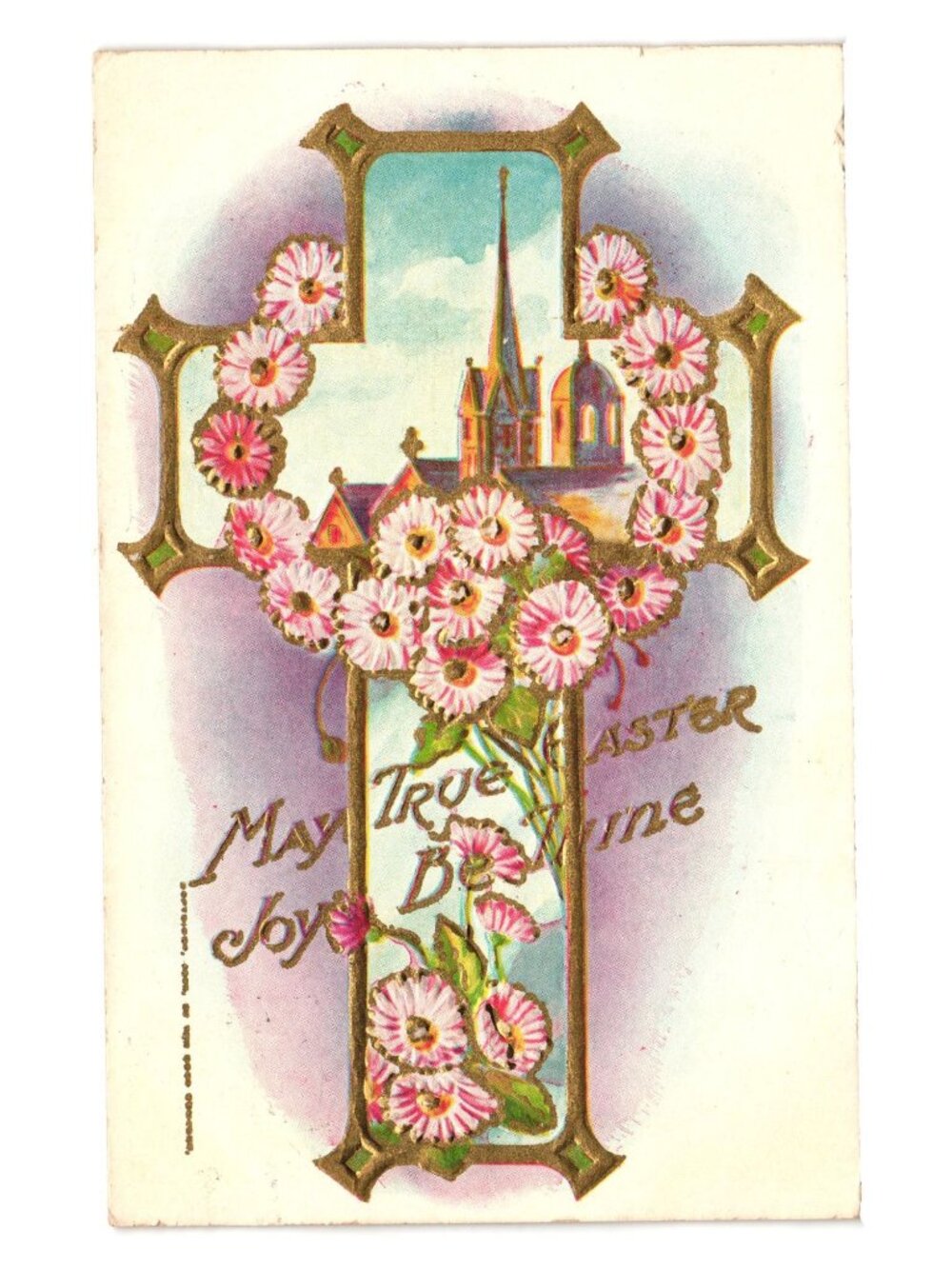 Antique 1909 Embossed Easter Postcard Floral Cross Church Gold Accents Vintage